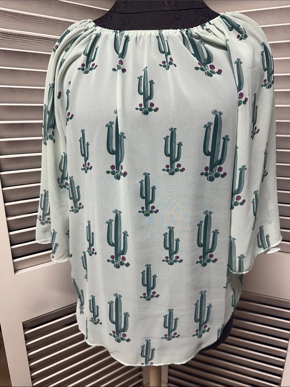 Mint Green Cactus-Print Peasant Blouse